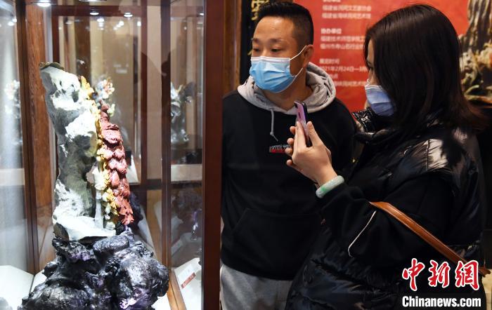 展出的中国工艺美术大师陈礼忠寿山石雕精品，吸引观众眼球。　记者刘可耕 摄