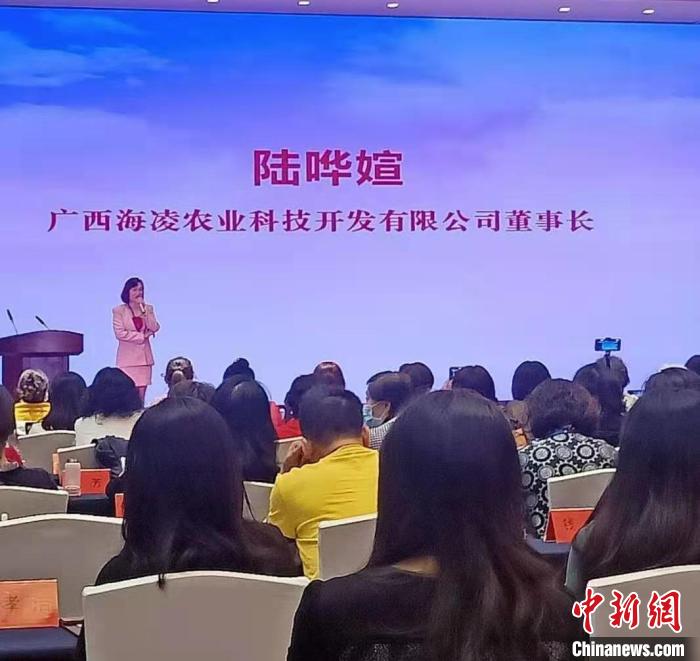2020年10月31日，陆哗媗在第九届海峡两岸婚姻家庭论坛的会场上分享自己的创业故事。广西台办供图