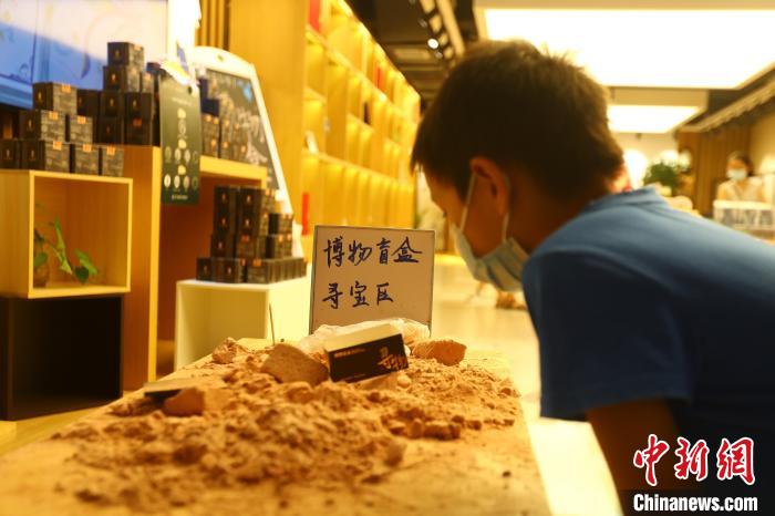 图为在江西省博物馆天工坊，一名小男孩端详着已经拆解完毕的“考古盲盒”现场。　刘占昆 摄