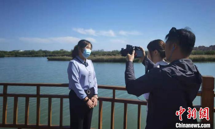 台湾媒体在甘肃张掖国家湿地公园采访。　丁思 摄