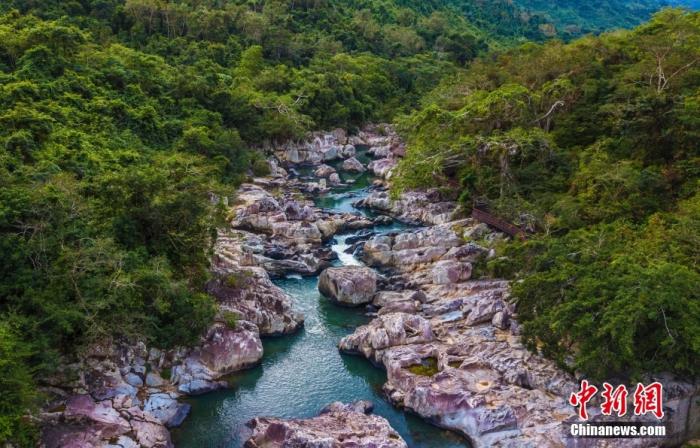 航拍海南呀诺达热带雨林景区，鸟瞰秀美山水、广袤雨林。中新社记者 骆云飞 摄