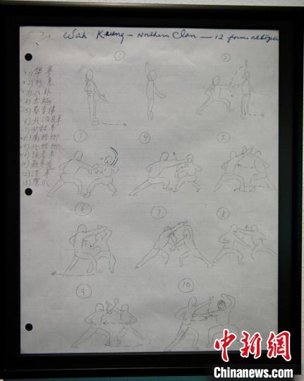 李小龙绘画有关中国武术门派招式的手稿。　李志华 摄