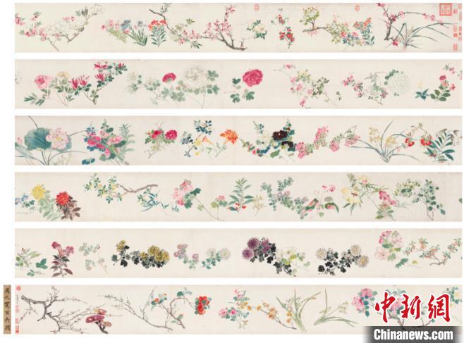 周之冕 《百花图卷》手卷，设色纸本，尺寸32×1717 cm。　中国嘉德供图