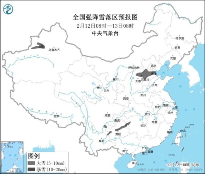 全国强降雪落区预报图(2月12日08时-13日08时)