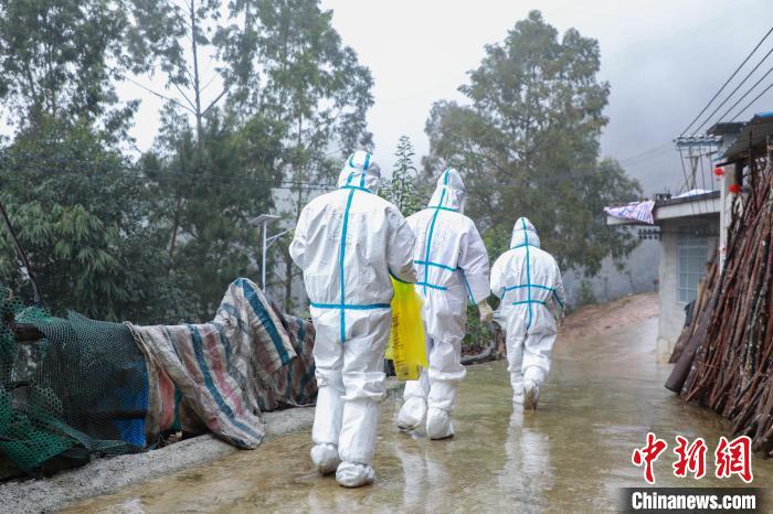 图为在德保县隆桑镇果甫村，身着厚重防护服的欧秋洁和同伴步履蹒跚地行走。