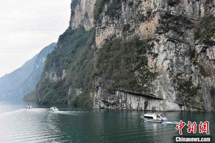 游船往来航行在重庆市酉阳土家族苗族自治县乌江龚滩古镇段，一片繁忙景象。　邱洪斌 摄