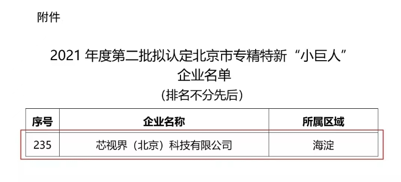 芯视界科技获评北京市专精特新“小巨人”企业