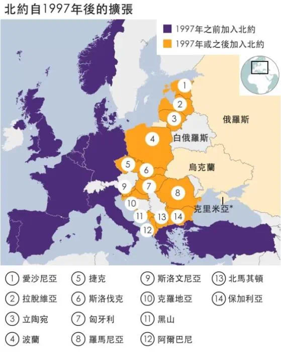 北约扩张示意图（图源：英国广播公司(BBC)中文网）