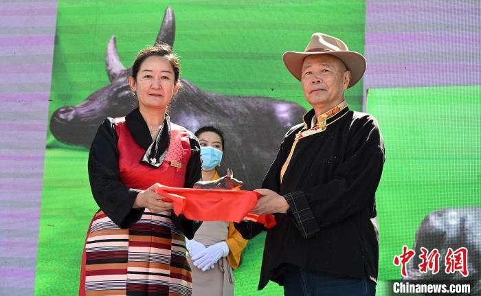 吴雨初(右)向西藏牦牛博物馆捐赠玉石牦牛雕刻作品。　赵朗 摄