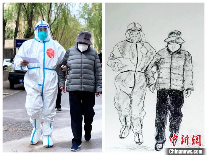 图为一名“大白”搀扶着老人。　青海省自然资源厅 供图