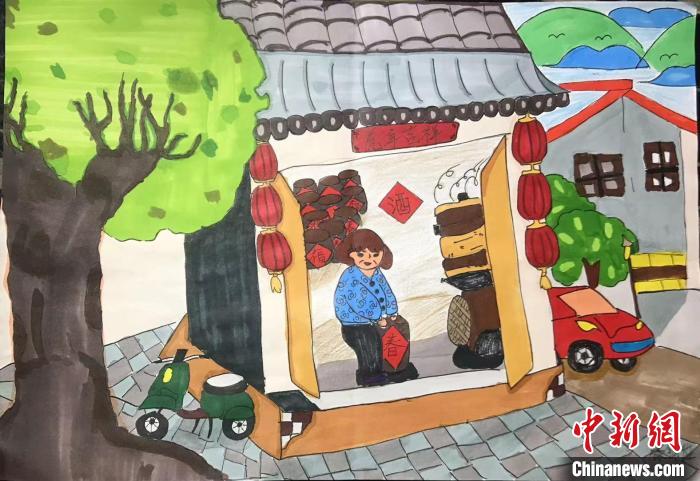 滕錦怡畫的老家倉庫，畫面中奶奶正忙著搬酒桶。　受訪者 供圖
