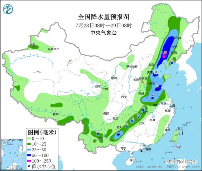 图3 全国降水量预报图(7月28日08时-29日08时)