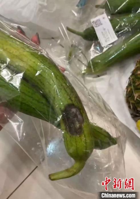 一消费者向中新财经展示其在某生鲜电商买到的烂丝瓜。 受访者供图。