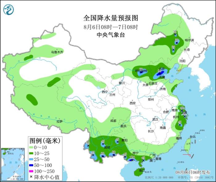 全国降水量预报图(8月6日08时-7日08时)