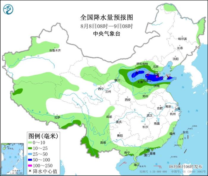 全国降水量预报图(8月8日08时-9日08时)