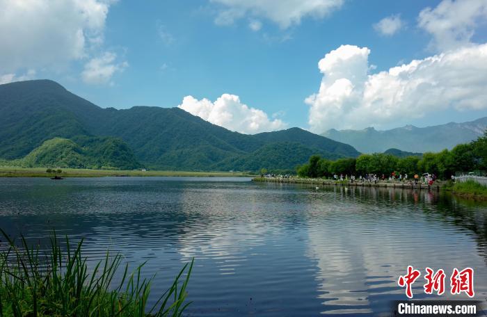 图为游客沿着大九湖湖堤散步 张畅 摄