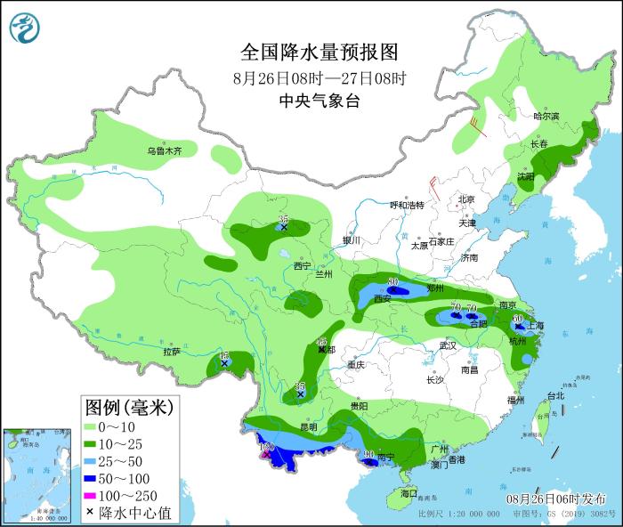 全国降水量预报图(8月26日08时-27日08时)