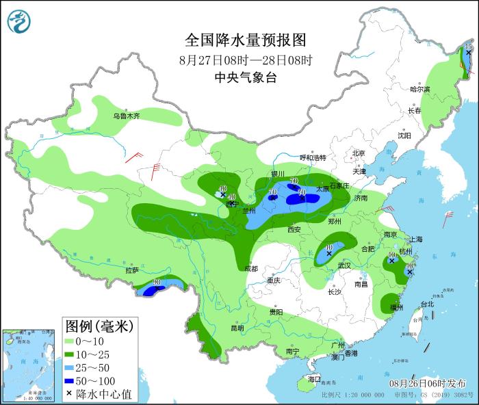 全国降水量预报图(8月27日08时-28日08时)