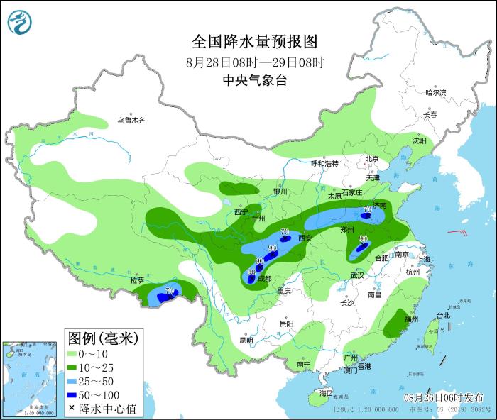 全国降水量预报图(8月28日08时-29日08时)