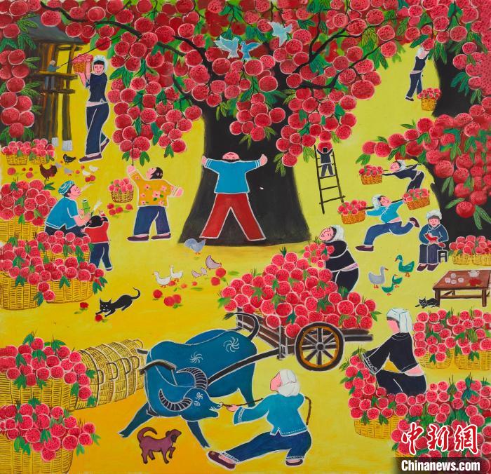 图为广西靖西农民画作品《南国满园妃子笑》。　黄金桃供图