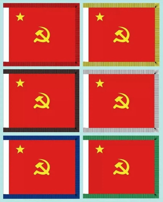 31式红军兵种旗(效果图)：步兵旗、骑兵旗、炮兵旗、工兵旗、辎重兵旗、医护兵旗(从左至右)。