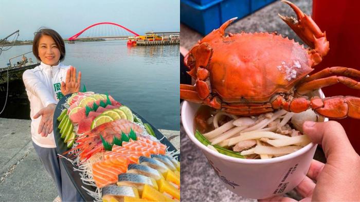 左为民进党“立委”周春米秀出满满生鱼片。右为屏东县长潘孟安晒出超级螃蟹饭汤。