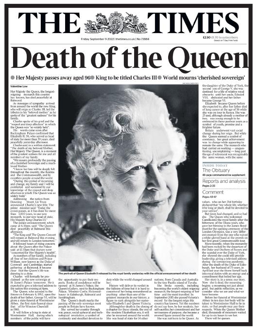 《泰晤士报》2022年9月9日头版。