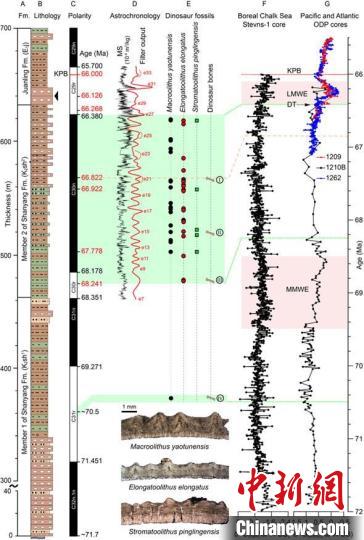 山阳盆地岩性柱AB、磁极性序列C、天文调谐结果D、恐龙化石分布E及海洋氧同位素在白垩纪末期变化FG。　研究团队 供图