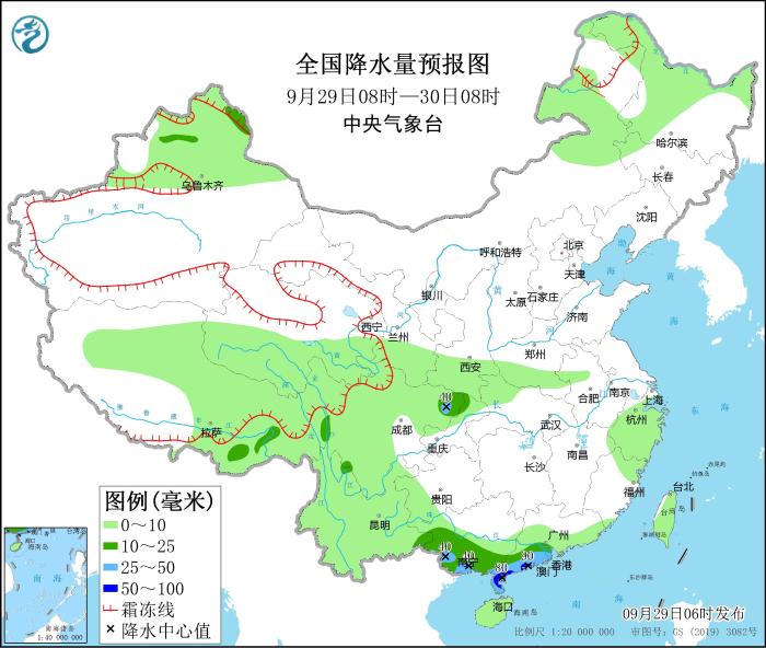 全国降水量预报图(9月29日08时-30日08时)