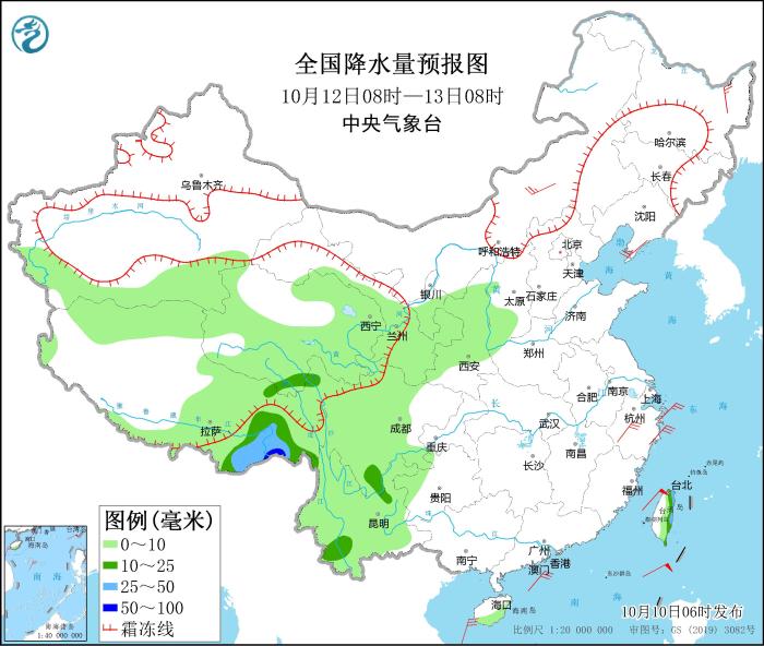 全国降水量预报图(10月12日08时-13日08时)