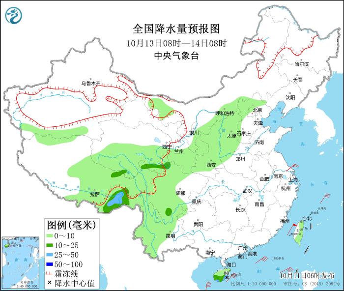 全国降水量预报图(10月13日08时-14日08时)