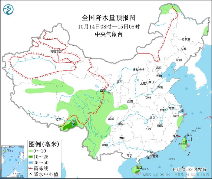 全国降水量预报图(10月14日08时-15日08时)