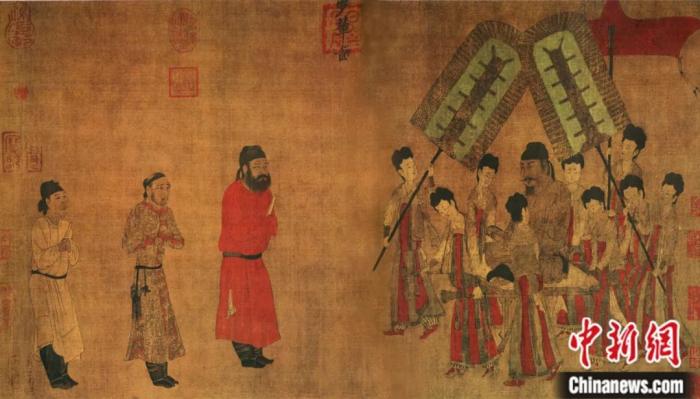 步辇图(局部)。吐蕃使者向唐太宗请婚的场面。唐代画家阎立本绘。视觉中国 供图