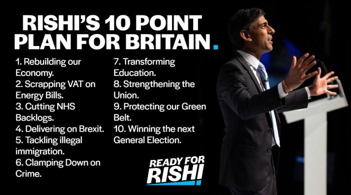 苏纳克对英国未来做出的十点规划，包括重振经济、兑现脱欧和赢得下次大选。图片来源：苏纳克个人竞选账号截图