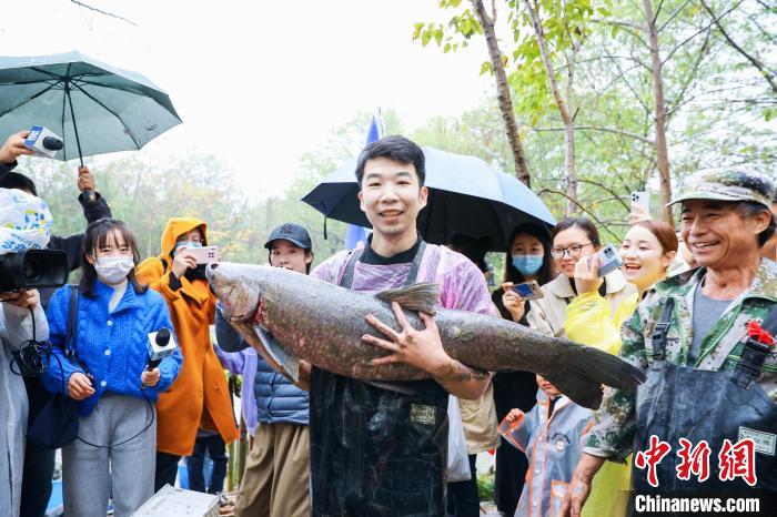 游客王先生抱着抓到的“西溪鱼王”向围观者展示 西溪湿地 供图
