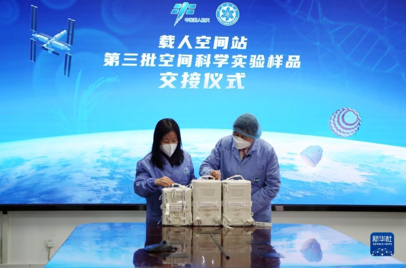 12月5日，在中国科学院空间应用中心，空间应用中心科研人员（左）向分子植物卓越中心科研人员交接样品。（图源：新华社）