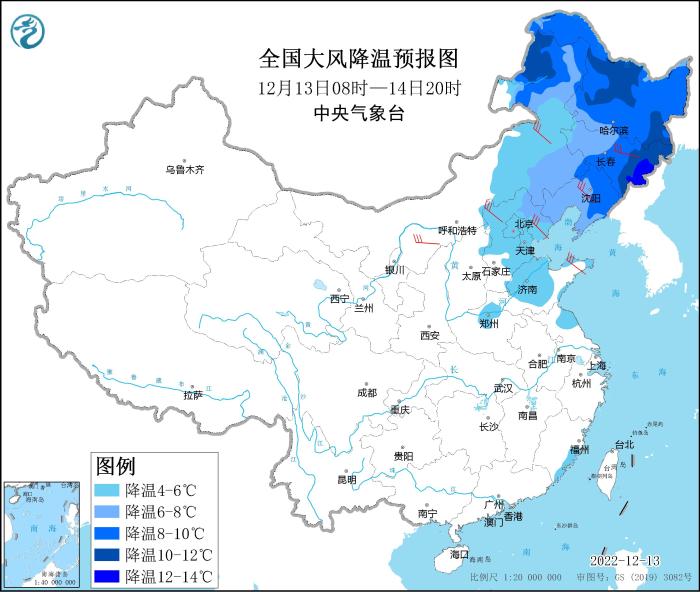 图1 全国大风降温预报图（12月13日08时-14日20时）