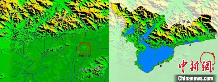 左：良渚古城临近地域的河网与流域；右：良渚古城中间水利工程扩散图。　刘开国 供图