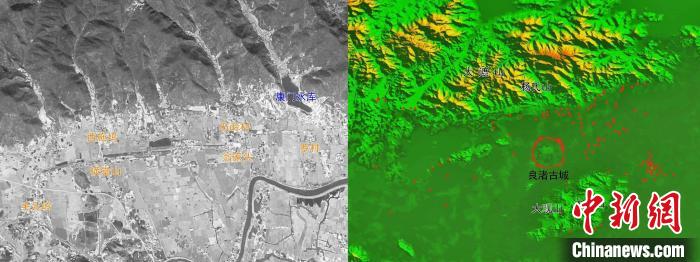 左：塘山坝群Conora卫星影像图；右：良渚遗迹群扩散图。　刘开国 供图