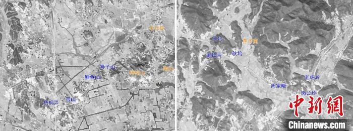 左：狮子山－梧桐弄坝群Conora卫星影像图；右：岗公岭坝群与秋坞坝群Conora卫星影像图。　刘开国 供图