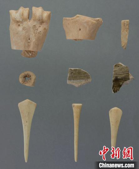 陶渠墓葬填土出土原始瓷片、骨笄与制骨废料。　陕西省考古研究院供图