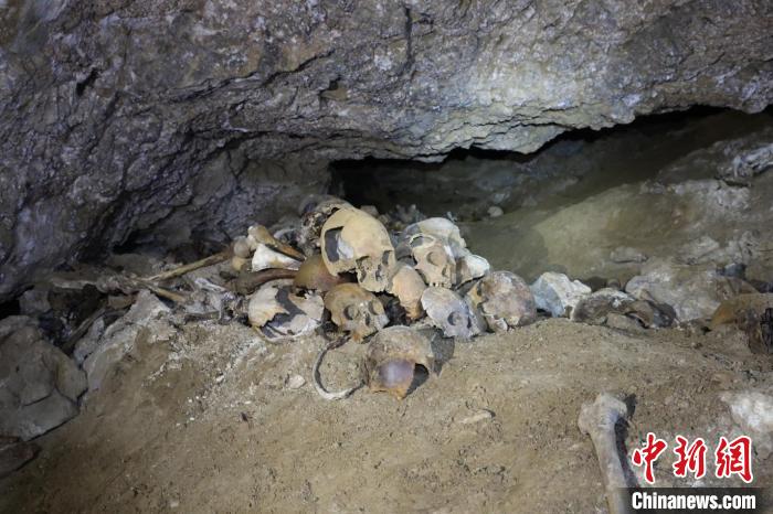 青藏高原西南部日喀则地区顶琼遗址一处墓室中出土的人类头骨。　中科院古脊椎所 供图
