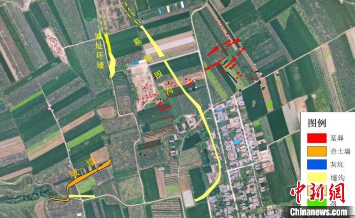 夯土墙、道路、壕沟分布图。　西北大学供图