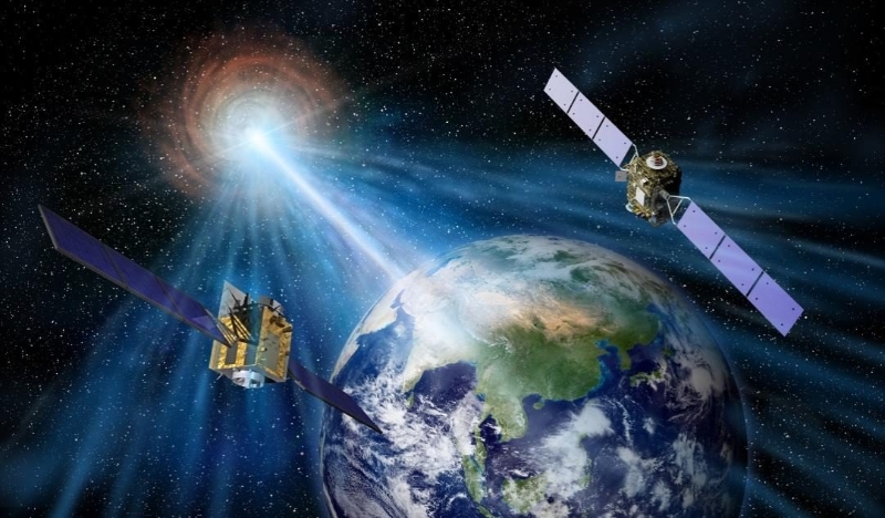 “慧眼”卫星和“极目”空间望远镜观测迄今最亮伽马射线暴示意图 。（图源：中国科学院高能物理研究所）