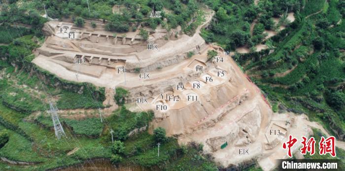 山西省考古人員在呂梁市發現黃河中游地區時代最早成排分佈土構窯洞，圖為發掘區全景。　山西省考古研究院供圖