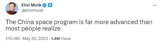 马斯克赞中国航天造诣：“远比大少数人意见到的更超前”