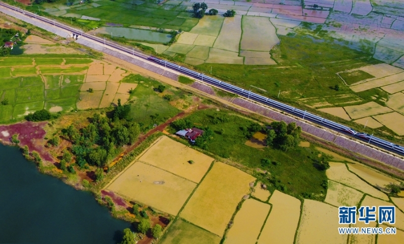 “澜沧号”动车组列车运行在老挝境内。新华网发（杨永全 摄）