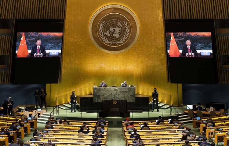 2021年9月21日，国家主席习近平在北京以视频方式出席第七十六届联合国大会一般性辩论并发表题为《坚定信心 共克时艰 共建更加美好的世界》的重要讲话。（图源：新华社）