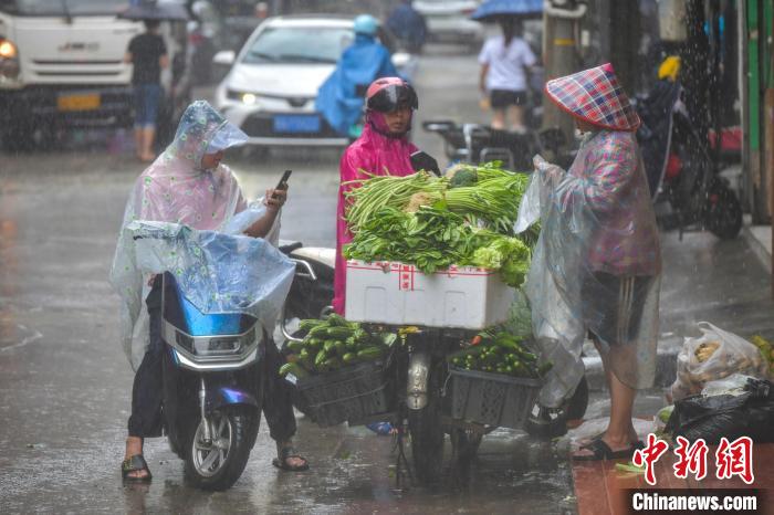 图为海口民众在雨中买菜。　骆云飞 摄