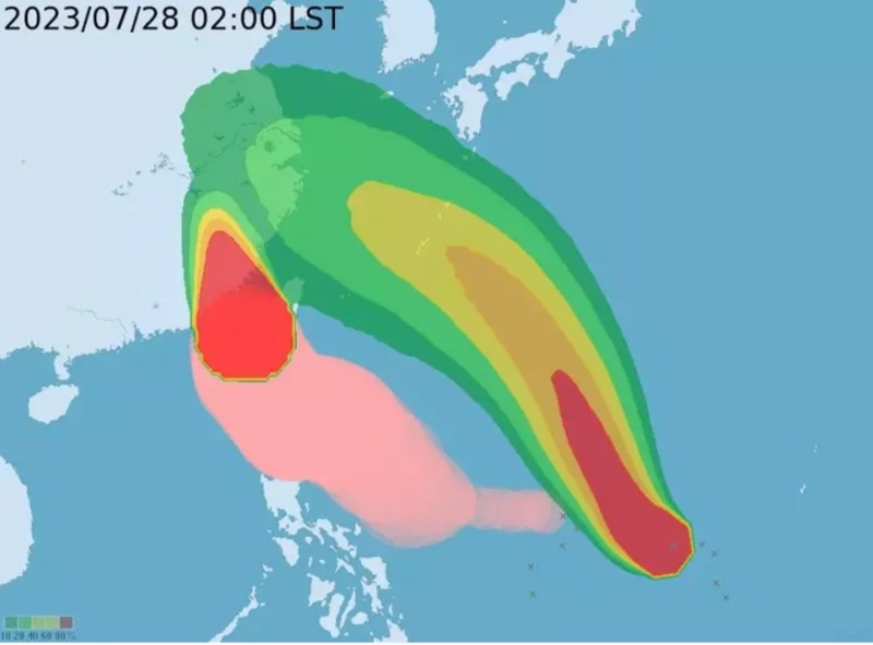 目前太平洋地区有两个台风，分别为中台“杜苏芮”(左)和轻台“卡努”(右)。图为暴风圈侵袭机率。(图取自台气象部门网页) 图片来源：台湾“中时新闻网”